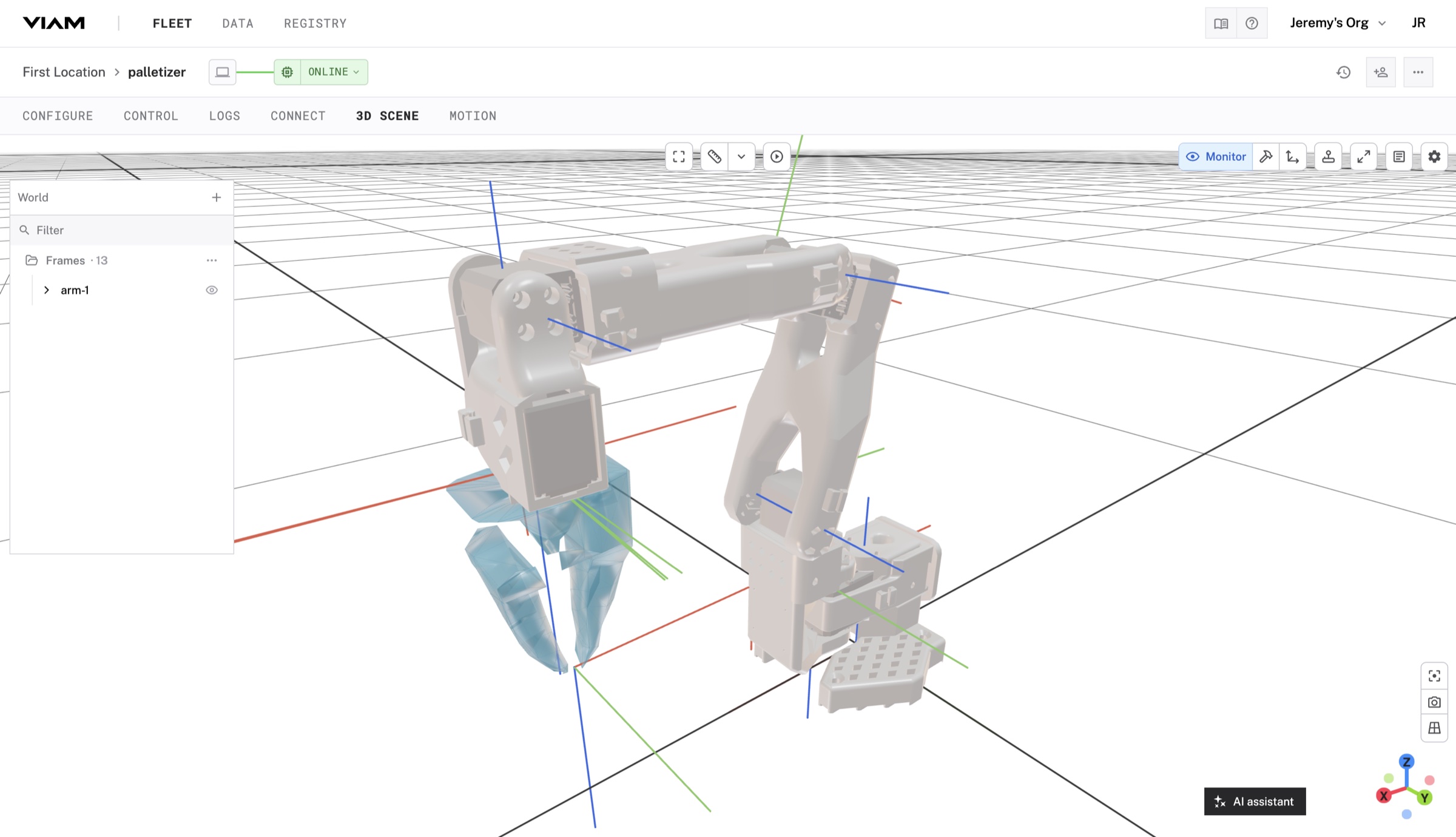 The 3D SCENE tab showing the SO-ARM101 model at its current joint positions, with the gripper attached at the end of the arm and the world frame's x, y, and z axes drawn on the grid.